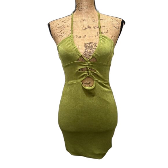 Princess Polly Zamia Cutout Halter Bodycon‎ Mini Dress Metallic Green US Size 6 - Picture 2 of 7